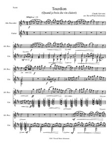 Tourdion (Quand je bois du vin clairet): For alto recorder and guitar by Claude Gervaise