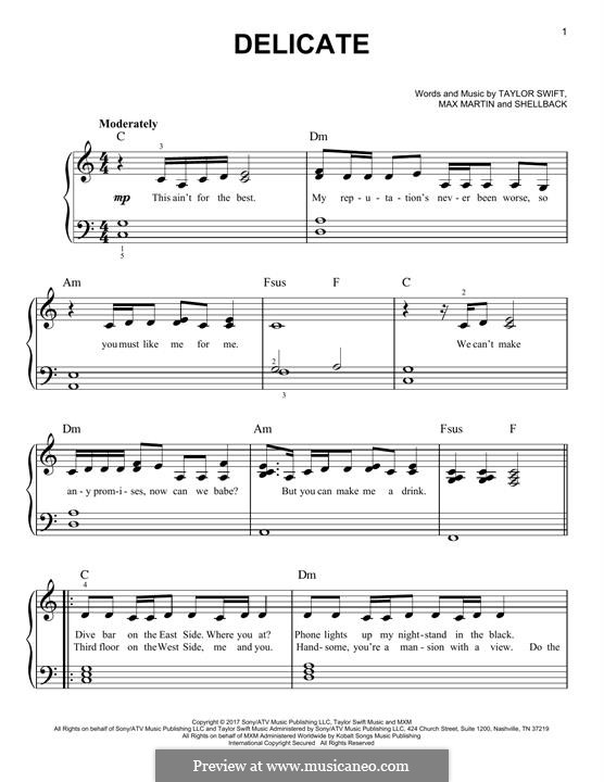 Delicate: For piano by Shellback, Max Martin, Taylor Swift