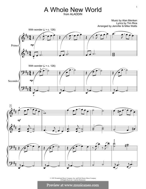 A Whole New World (from Aladdin), for Piano: For four hands by Alan Menken