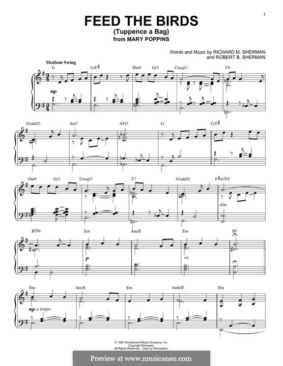 Feed the Birds (Tuppence a Bag): For piano by Richard M. Sherman, Robert B. Sherman