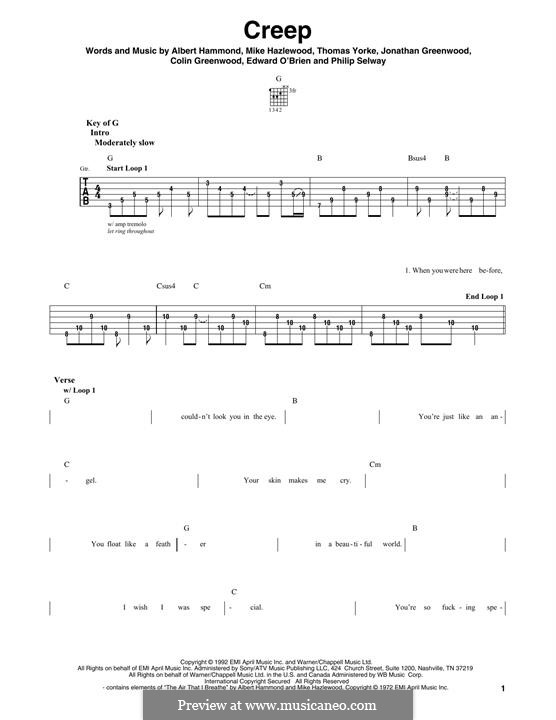 Creep (Radiohead): For guitar with tab by Albert Hammond, Colin Greenwood, Ed O'Brien, Jonny Greenwood, Mike Hazelwood, Phil Selway, Thomas Yorke