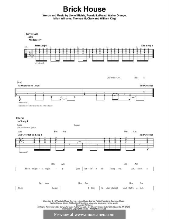 Brick House (The Commodores): For guitar with tab by Lionel Richie, Milan Williams, Ronald LaPread, Thomas McClary, Walter Orange, William King