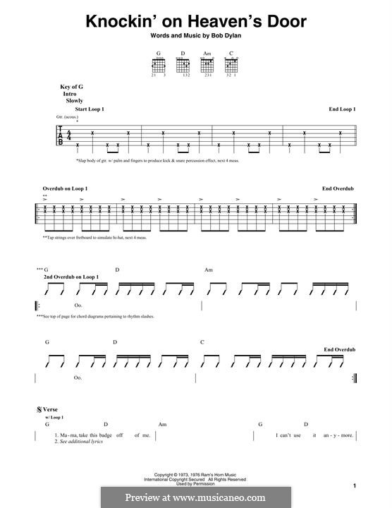 Knockin' on Heaven's Door: For guitar tab by Bob Dylan