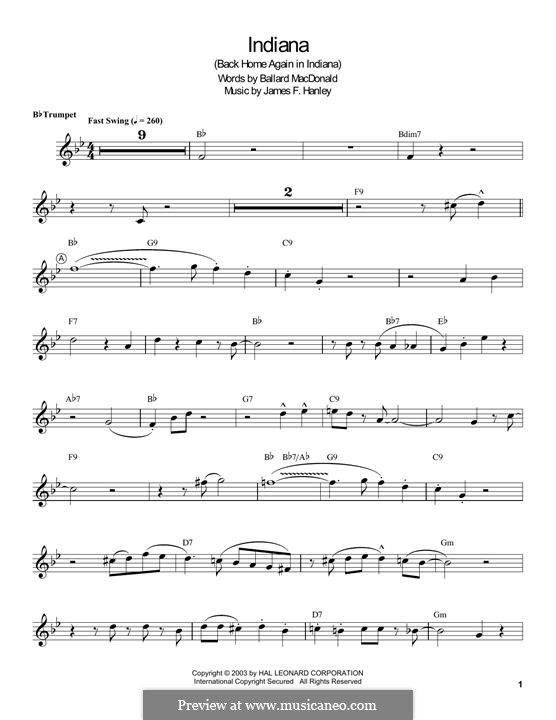 Indiana (Back Home Again in Indiana): For trumpet by James Frederick Hanley