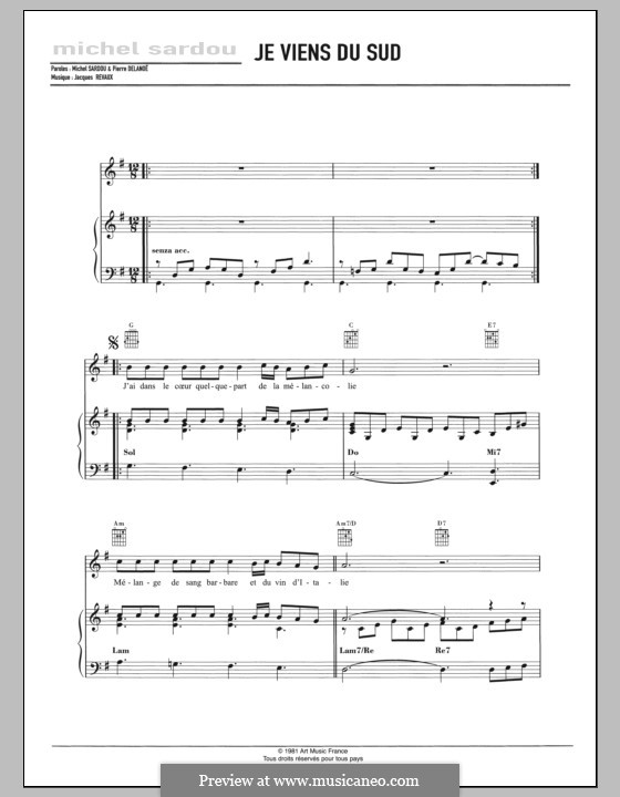 Je Viens Du Sud by J. Revaux, M. Sardou - sheet music on MusicaNeo