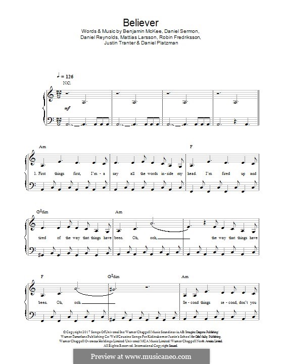 Believer (Imagine Dragons): For piano by Benjamin McKee, Daniel Reynolds, Daniel Sermon, Daniel Platzman