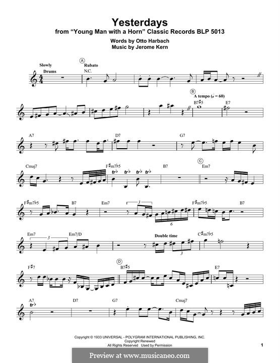Yesterdays (from Roberta): For trumpet by Jerome Kern