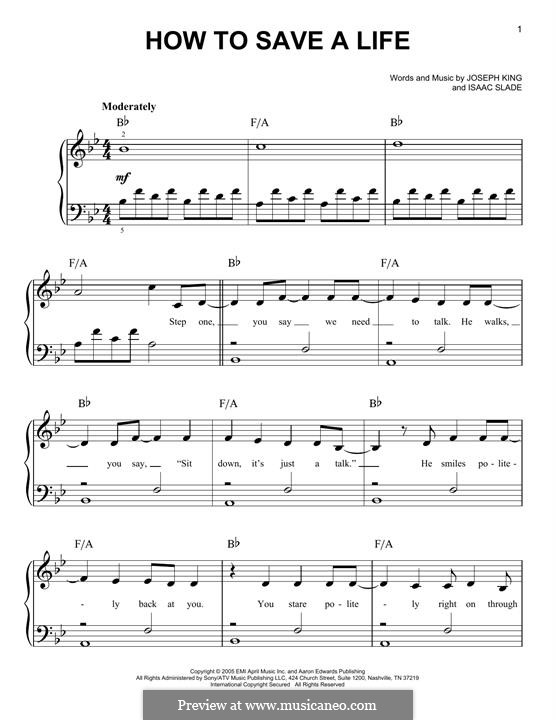 How to Save a Life (The Fray): For piano by Isaac Slade, Joseph King