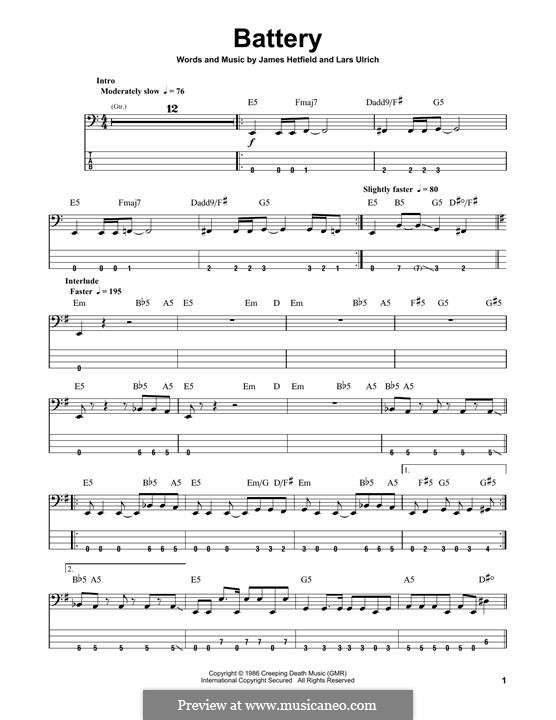 Battery (Metallica): For bass guitar with tab by James Hetfield, Lars Ulrich