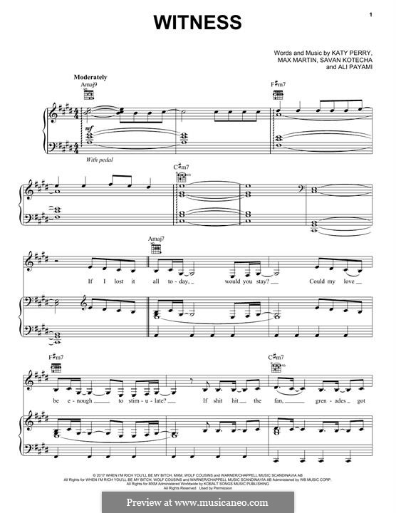 Witness: For voice and piano (or guitar) by Katy Perry, Max Martin, Savan Kotecha, Ali Payami