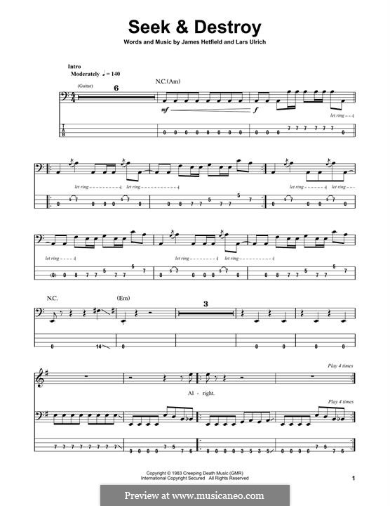 Seek and Destroy (Metallica): For bass guitar with tab by James Hetfield, Lars Ulrich