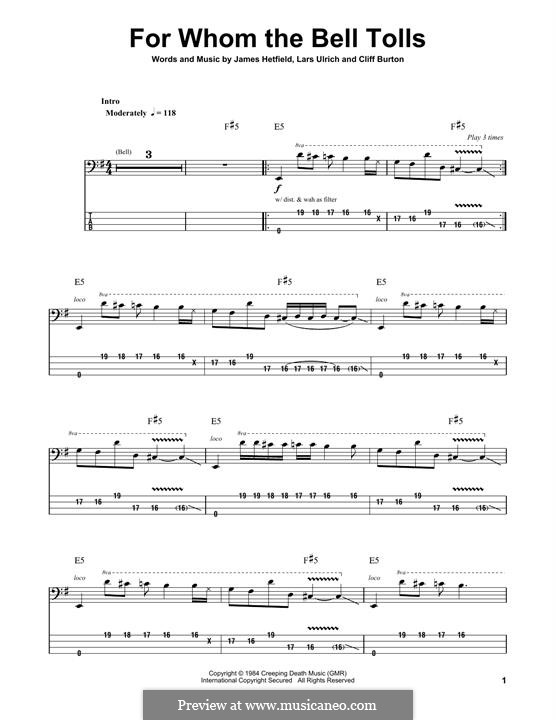 For Whom the Bell Tolls (Metallica): For bass guitar with tab by Cliff Burton, James Hetfield, Lars Ulrich