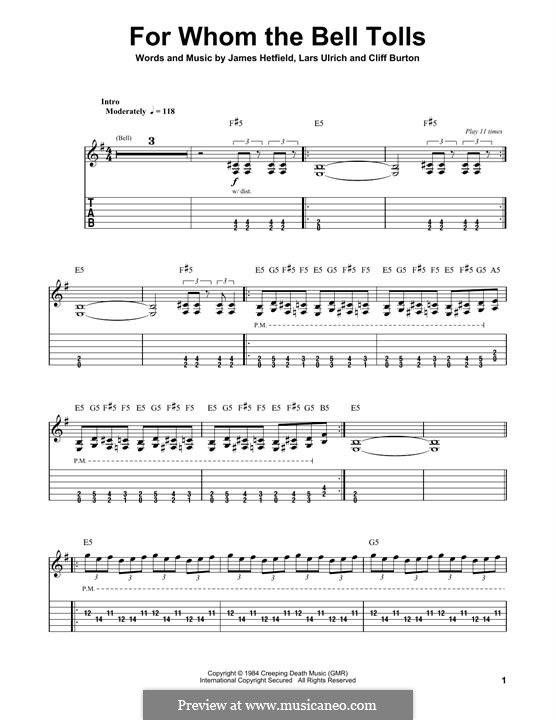 For Whom the Bell Tolls (Metallica): For guitar with tab by Cliff Burton, James Hetfield, Lars Ulrich