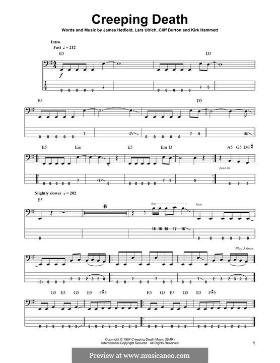 Creeping Death (Metallica): For bass guitar with tab by Cliff Burton, James Hetfield, Kirk Hammett, Lars Ulrich