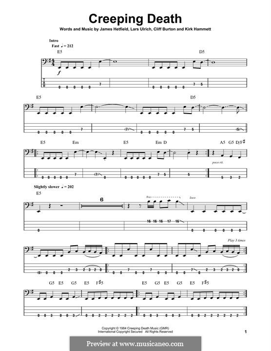 Creeping Death (Metallica): For bass guitar with tab by Cliff Burton, James Hetfield, Kirk Hammett, Lars Ulrich