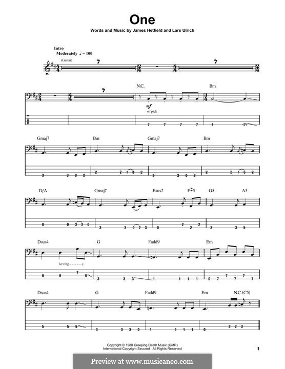 One (Metallica): For bass guitar with tab by James Hetfield, Lars Ulrich