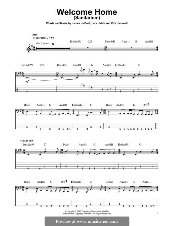 Welcome Home (Sanitarium): For bass guitar with tab by James Hetfield, Kirk Hammett, Lars Ulrich