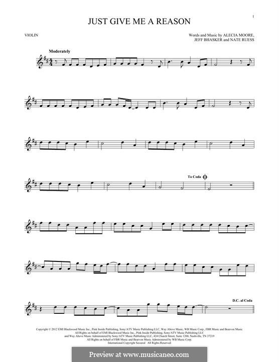 Just Give Me a Reason (Pink): For violin by Alecia Moore, Jeff Bhasker, Nathaniel Ruess