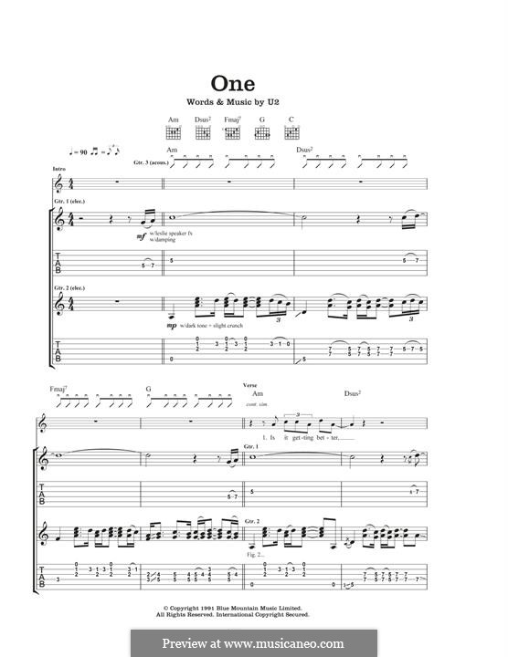 One: For guitar with tab by U2, Adam Clayton, David Evans, Larry Mullen Jr., Paul Hewson