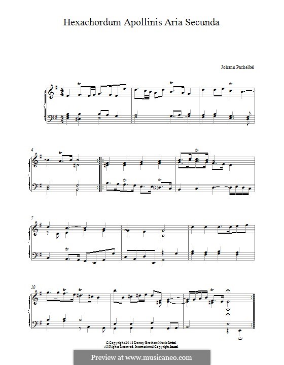 Hexachordum Apollinis (Six Strings of Apollo): Aria secunda, for piano by Johann Pachelbel