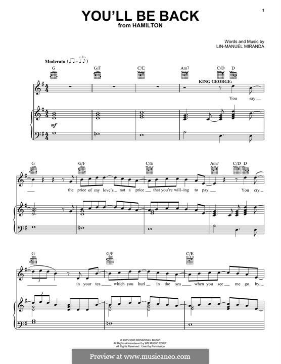 You'll Be Back (from 'Hamilton'): For voice and piano (or guitar) by Lin-Manuel Miranda