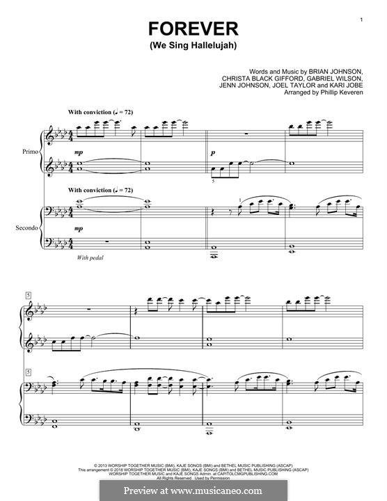Forever (We Sing Hallelujah): For piano four hands by Brian Johnson, Kari Jobe, Christa Black Gifford, Gabriel Wilson, Jenn Johnson, Joel Taylor