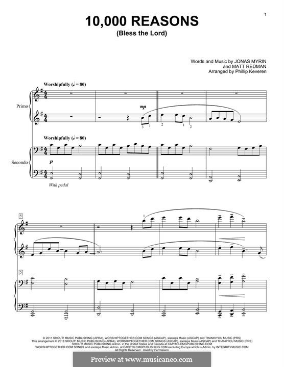 10,000 Reasons (Bless the Lord): For piano four hands by Jonas Myrin, Matt Redman