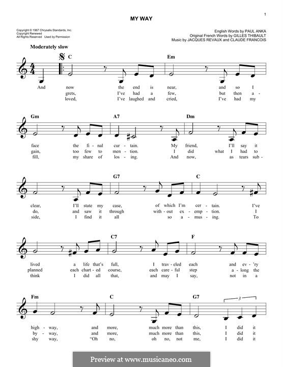 My Way: Melody line (Frank Sinatra) by Claude Francois, Jacques Revaux