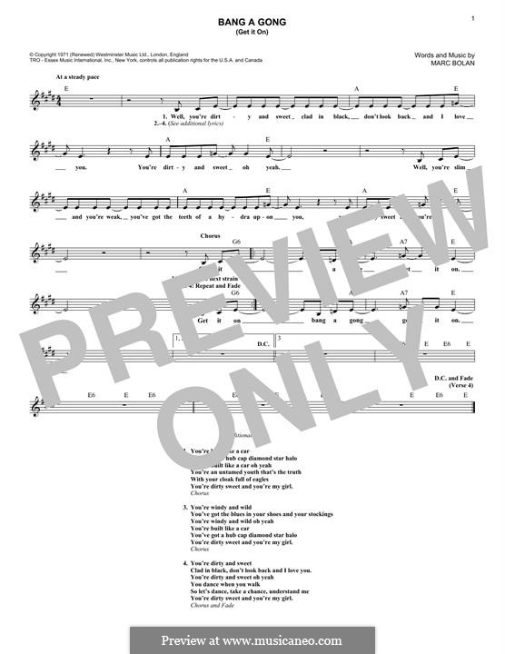 Bang A Gong (Get It On): Melody line by Marc Bolan
