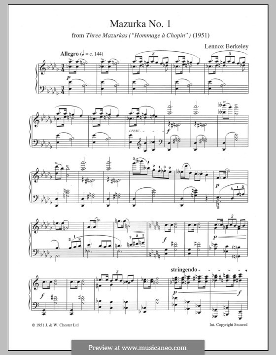 Mazurka  No.1 (from 'Three Mazurkas'): For piano by Lennox Berkeley