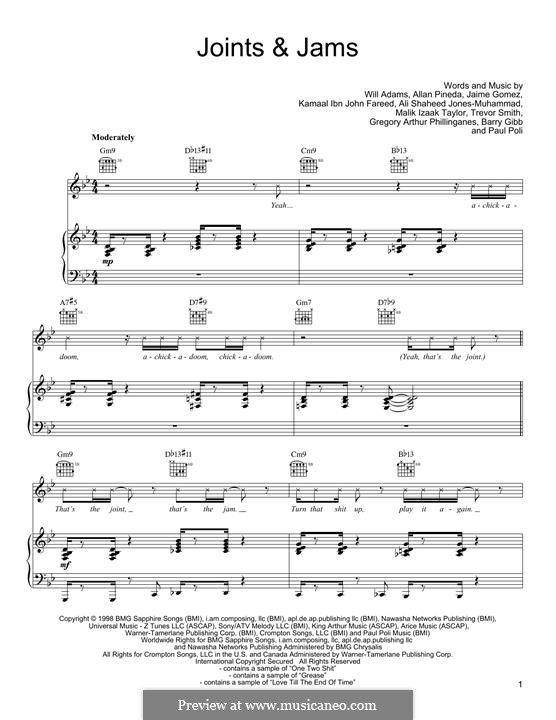 Joints & Jams (Black Eyed Peas): For voice and piano (or guitar) by Ali Jones-Muhammad, apl.de.ap, Barry Gibb, Greg Phillinganes, Jaime Gomez, Q-Tip, will.i.am, Trevor Smith, Malik Izaak Taylor, Paul Poli