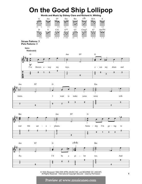 On the Good Ship Lollipop: For guitar with tab by Richard A. Whiting, Sidney Clare