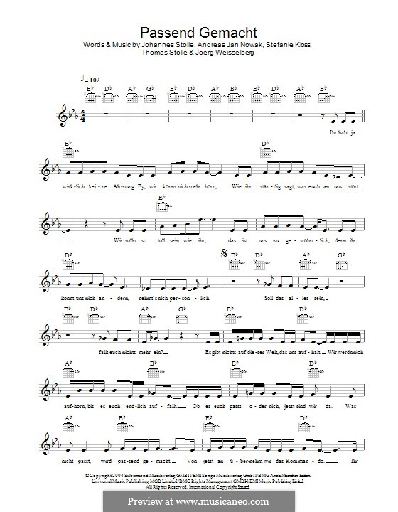 Passend Gemacht (Silbermond): Melody line by Johannes Stolle, Thomas Stolle, Andreas Jan Nowak, Stefanie Kloss, Joerg Weisselberg