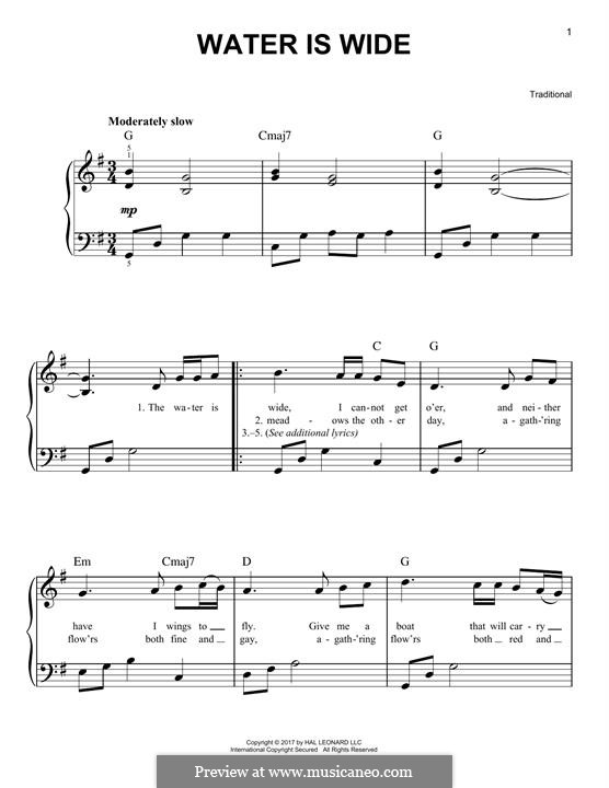 The Water is Wide (O Waly, Waly), Printable scores: For piano by folklore