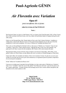 Air Florentin avec Variation, Op.65: For alto saxophone and piano by Pierre Agricola Genin