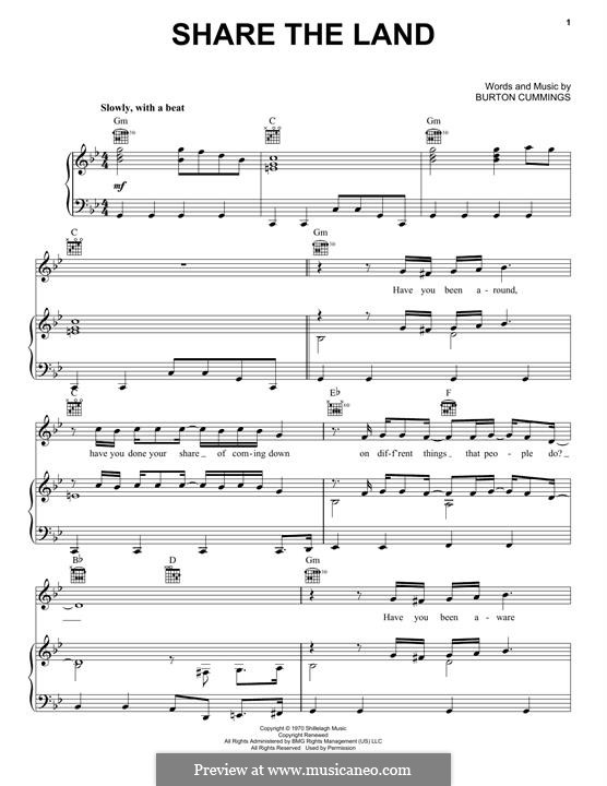 Share the Land (The Guess Who): For voice and piano (or guitar) by Burton Cummings