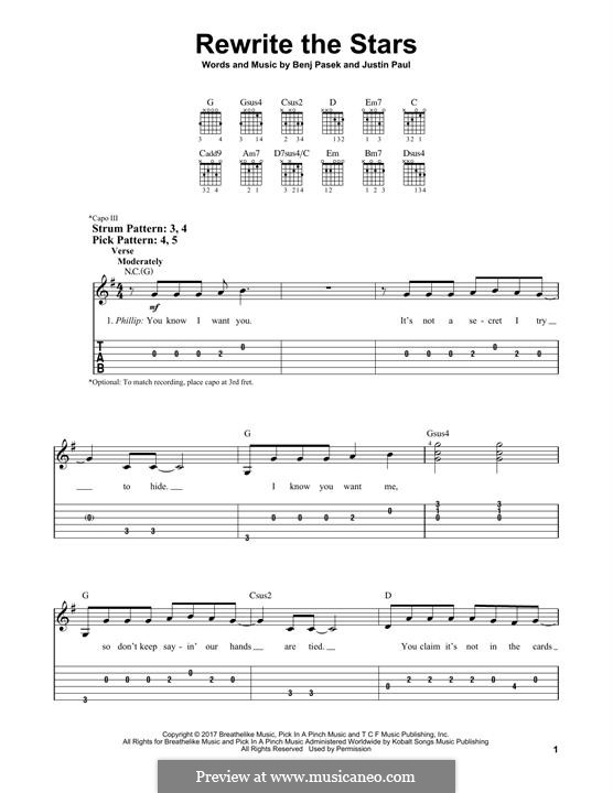 Rewrite the Stars (from The Greatest Showman): For guitar with tab by Justin Paul, Benj Pasek