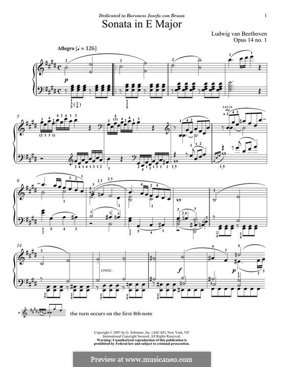Sonata for Piano No.9, Op.14 No.1: For a single performer by Ludwig van Beethoven