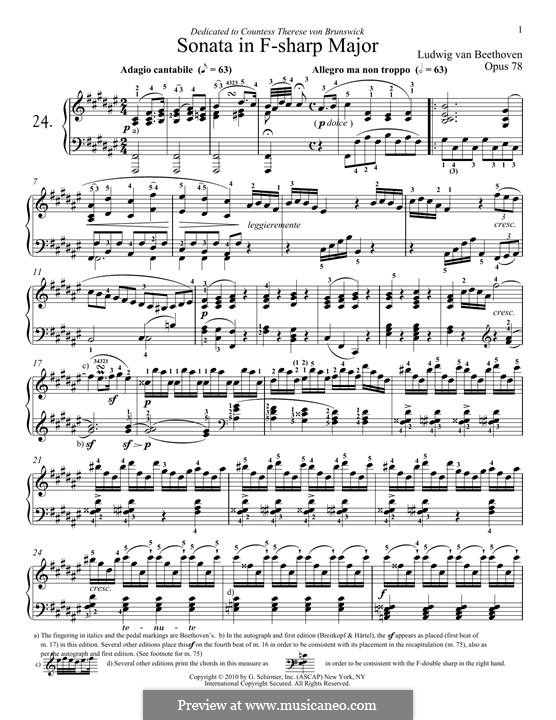 Sonata for Piano No.24, Op.78: For a single performer by Ludwig van Beethoven