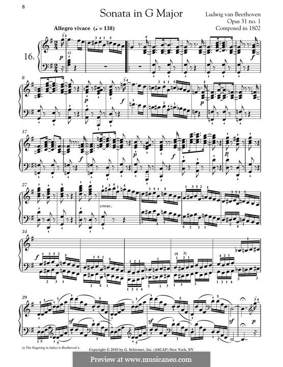 Sonata for Piano No.16, Op.31 No.1: For a single performer by Ludwig van Beethoven