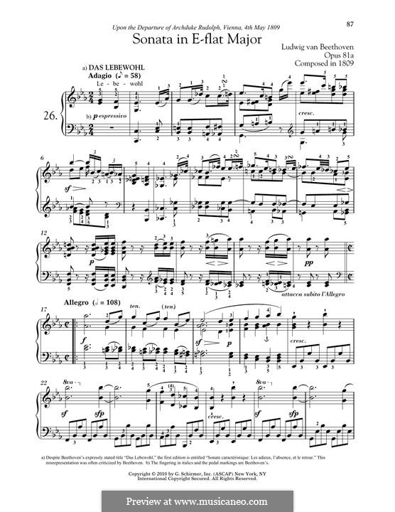 Sonata for Piano No.26 'Les Adieux-The Farewell', Op.81: For a single performer by Ludwig van Beethoven