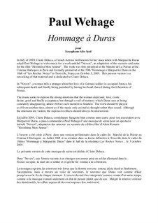Hommage à Duras for alto saxophone: Hommage à Duras for alto saxophone by Paul Wehage