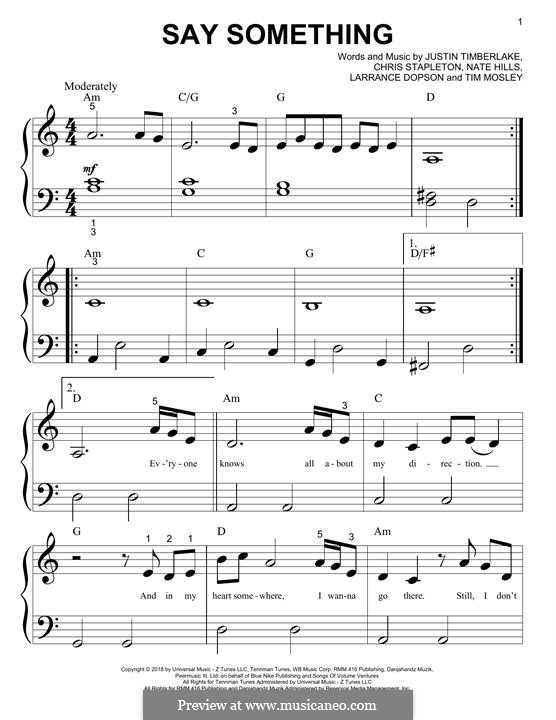 Say Something (feat. Chris Stapleton): For easy piano by Chris Stapleton, Justin Timberlake, Floyd Nathaniel Hills, Timbaland, Larrance Dopson