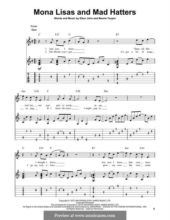 Mona Lisas and Mad Hatters: For guitar with tab by Elton John