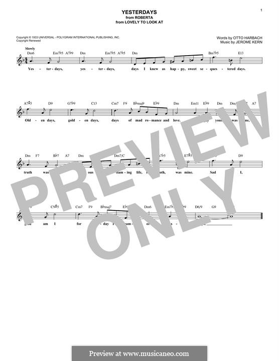 Yesterdays (from Roberta): Melody line by Jerome Kern