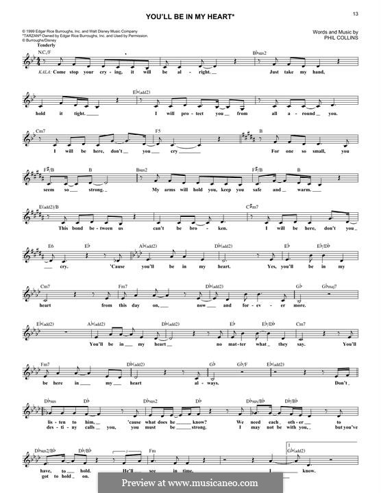 You'll Be in My Heart (from Walt Disney's Tarzan): Melody line by Phil Collins