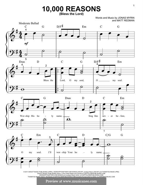 10,000 Reasons (Bless the Lord): For piano by Jonas Myrin, Matt Redman