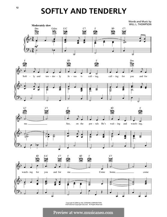 Softly and Tenderly: For voice and piano (or guitar) by Will Lamartine Thompson