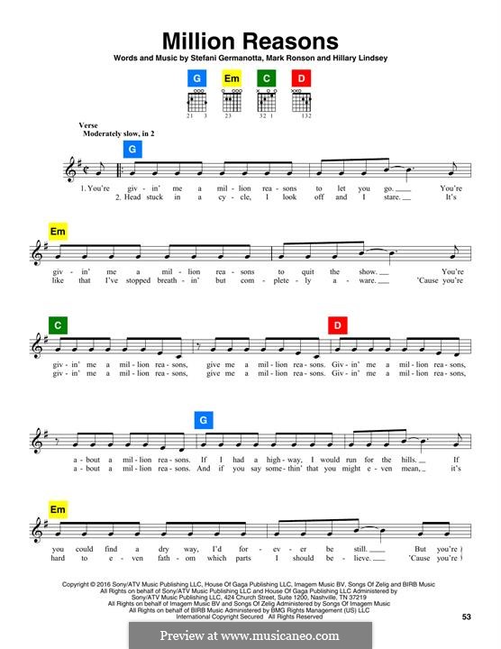 Million Reasons (Lady Gaga): Melody line by Hillary Lindsey, Mark Ronson, Stefani Germanotta