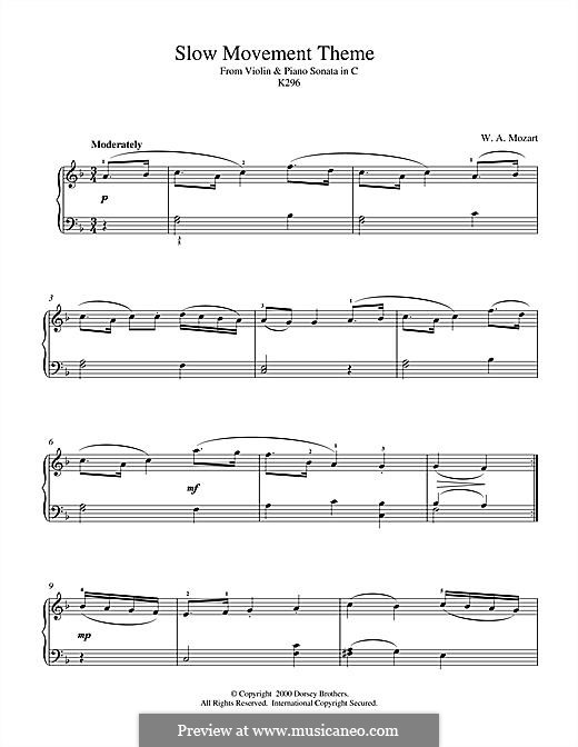 Sonata for Violin and Piano No.17 in C Major, K.296: Slow Movement Theme, for piano by Wolfgang Amadeus Mozart